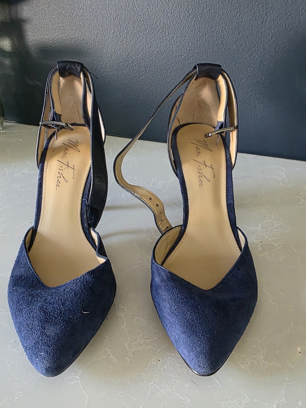 Marc Fisher Navy Suede Pointed Toe Ankle Strap Heels